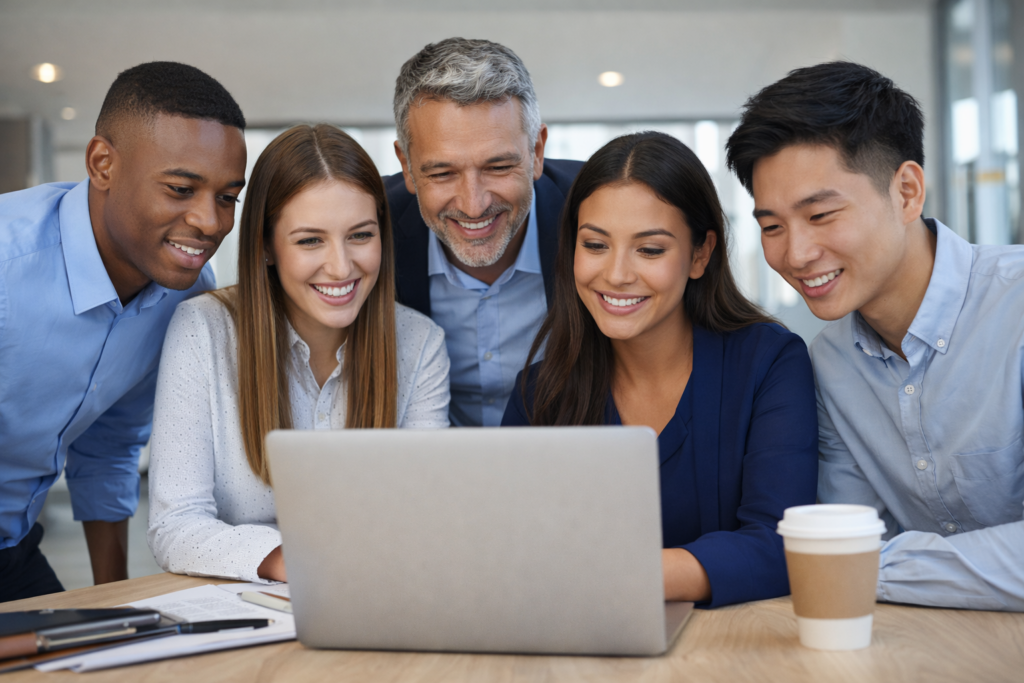 Diverse group collaborating and smiling around a laptop.