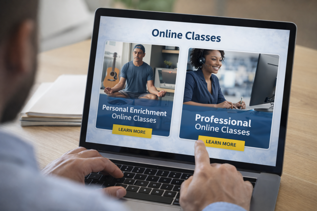 Laptop screen showing online class options: Personal Enrichment and Professional.