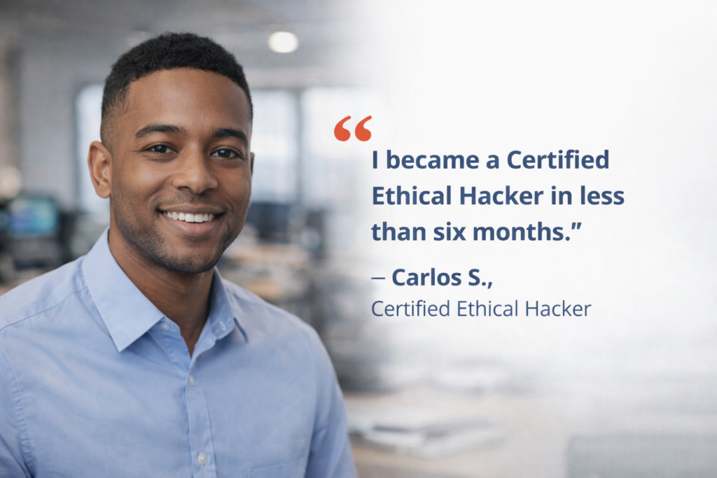 Confident man sharing his success as a Certified Ethical Hacker in six months.