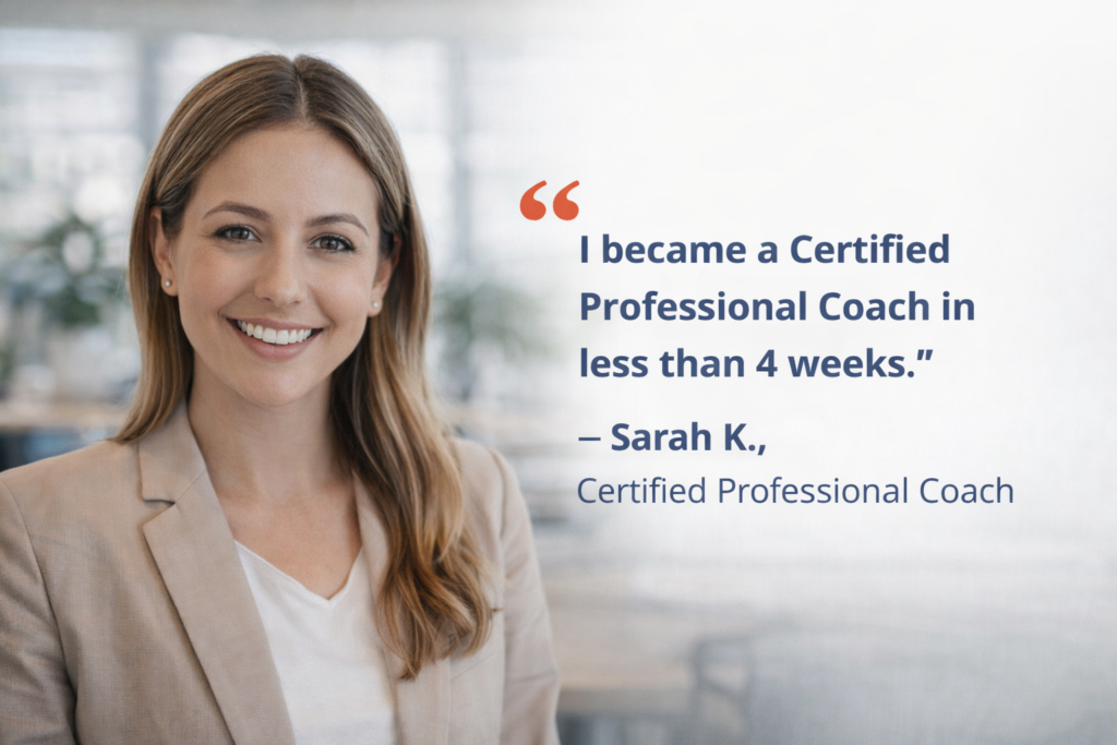 Smiling woman endorses becoming a Certified Professional Coach in under four weeks.