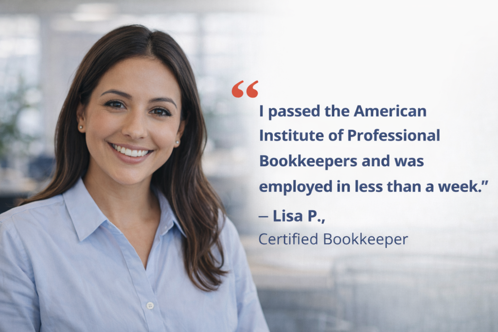 Smiling woman endorsing a bookkeeping certification program.