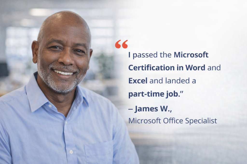 Man proudly shares his Microsoft Office certification success.