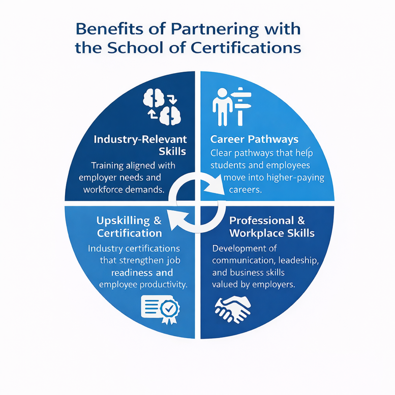 Infographic highlighting benefits of partnering with the School of Certifications.